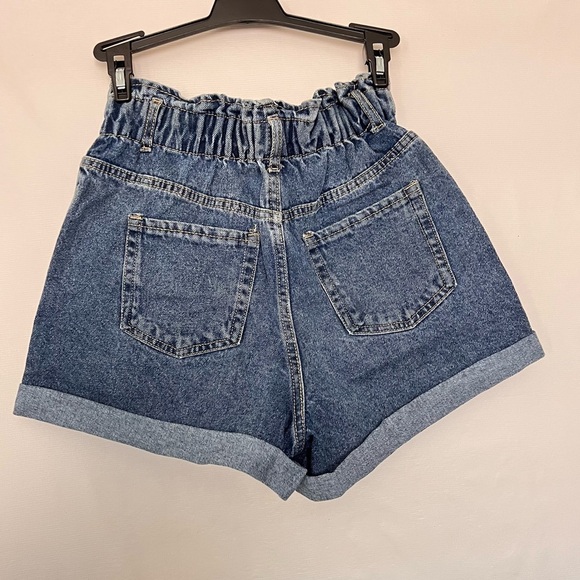 High Waisted Denim Shorts Elastic Waist Cuffed Hem Distressed Blue High Rise - Picture 3 of 7